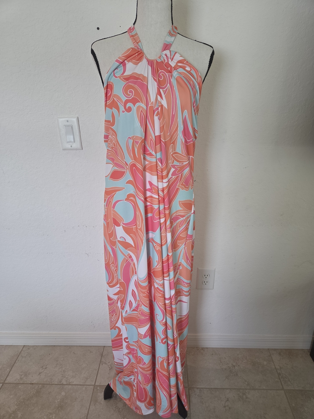 Resortwear Preppy Palm Boston Proper Pink Aqua Paisley Halter Maxi Dress XL
